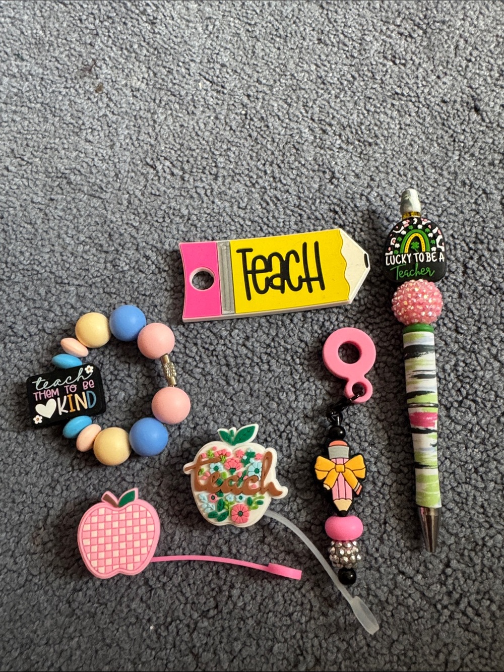 Teacher-Themed Charm & Pen Bundle in Pink, Yellow, Blue
